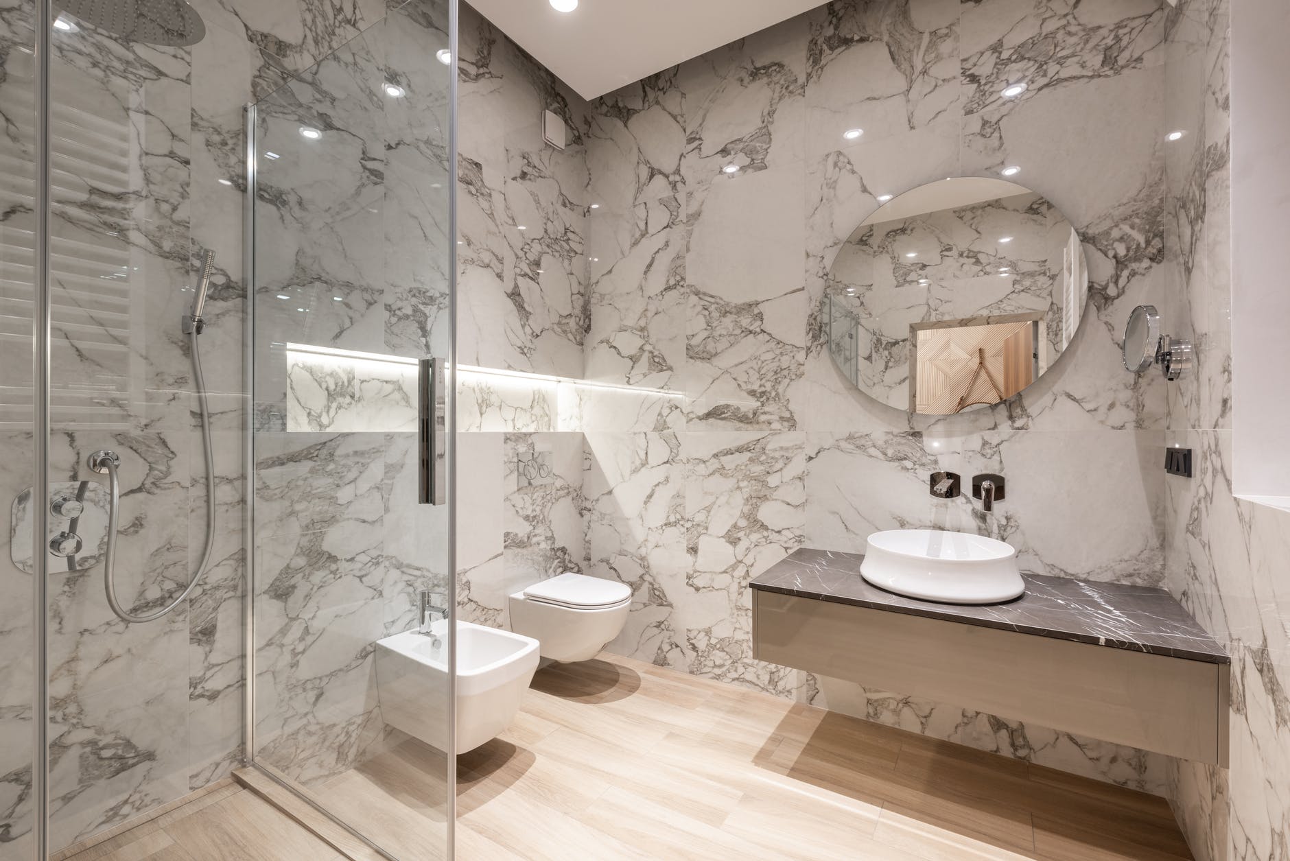 Luxurious marble bathroom with walk‑in shower
